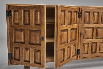 Carved Solid Wood Sideboard Cabinet with Panelled Doors Europe 1950s