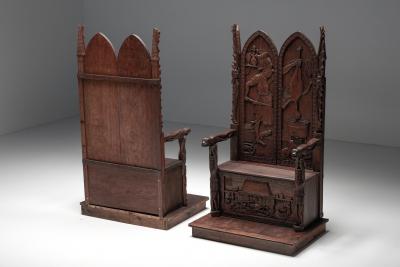 Carved Throne Chairs with Relief Design 20th Century