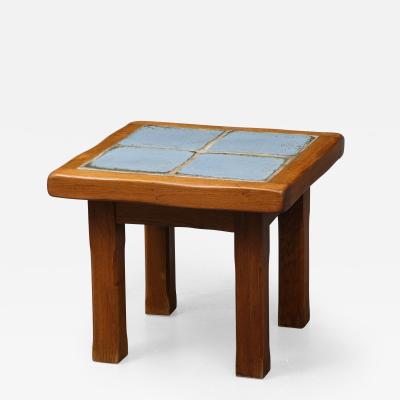 Carved Wood and Ceramic Tile Coffee Side Table France c 1960