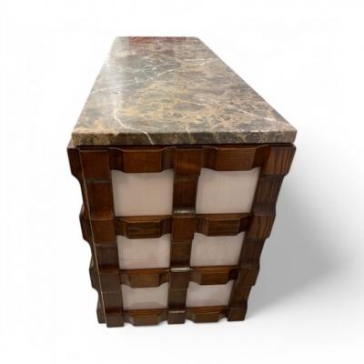 Carved Wooden Sideboards with Pink Glass and Marble