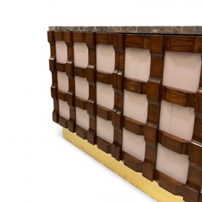 Carved Wooden Sideboards with Pink Glass and Marble