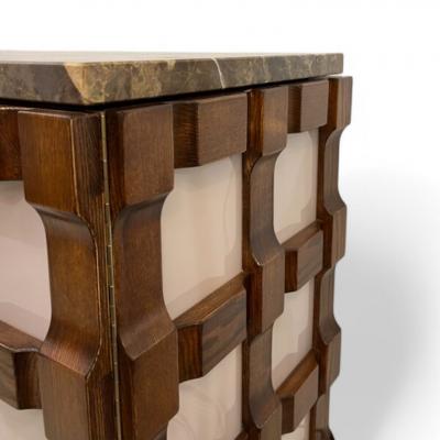 Carved Wooden Sideboards with Pink Glass and Marble