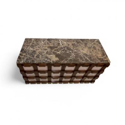 Carved Wooden Sideboards with Pink Glass and Marble