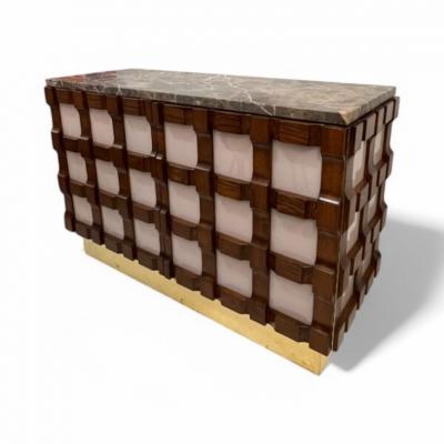 Carved Wooden Sideboards with Pink Glass and Marble