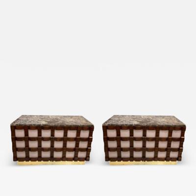 Carved Wooden Sideboards with Pink Glass and Marble