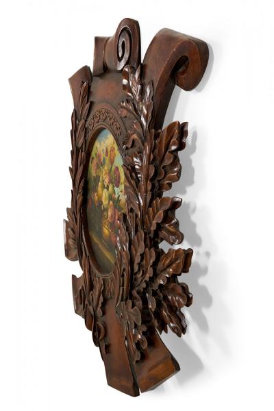Carved Wooden Wall Plaque with Painted Floral Still Life Center