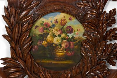 Carved Wooden Wall Plaque with Painted Floral Still Life Center