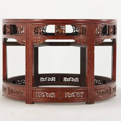 Carved demi lune Chinese console tables in red C 1880 