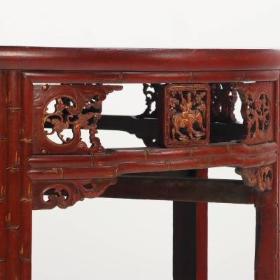 Carved demi lune Chinese console tables in red C 1880 