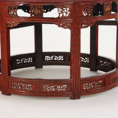 Carved demi lune Chinese console tables in red C 1880 