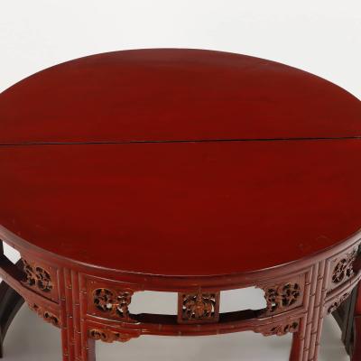 Carved demi lune Chinese console tables in red C 1880 