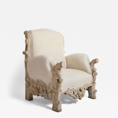 Carved limed oak fruits and foliage armchair 1970s 