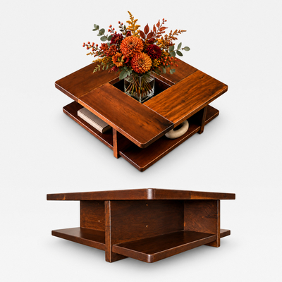 Casa Finland Imbuia Coffee Table with Vase Opening Display Shelves 1960s