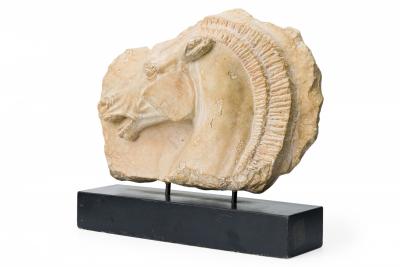 Cast Horse Head Sculpture Mounted on a Wooden Base