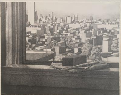 Catherine Murphy STILL LIFE WITH VIEW OF HOBOKEN AND MANHATTAN LITHOGRAPH BY CATHERINE MURPHY