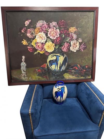 Catteau Boch Gazelle Vase with Unique Matching Painting Belgium Art Deco