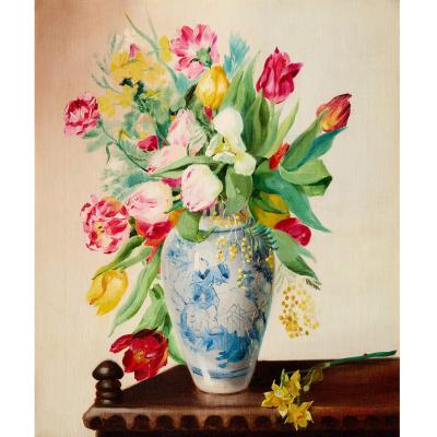 Cecil Kennedy Floral Still Life with Blue and White Vase by Cecil Kennedy