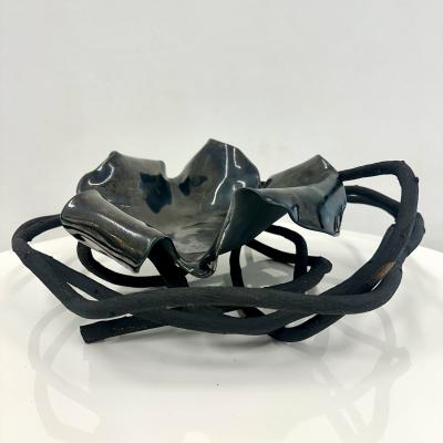Ceramic Freeform Decorative Bowl set in a black wood twisted branch pedestal 