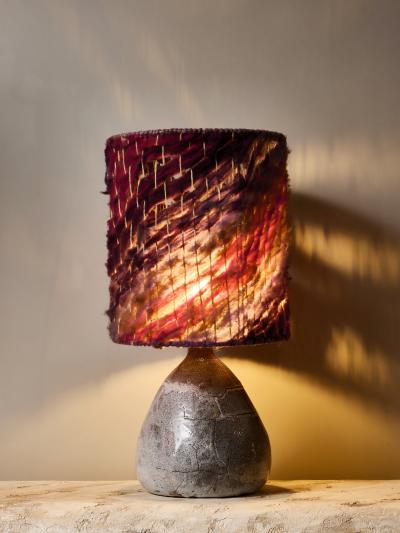 Ceramic Table Lamp with Crackle Glaze Base and Woven Wool Shade in Plum Tones