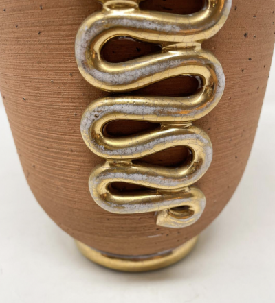 Ceramic Vase with Gold Snake Shape ornamental Luc Lanel Style 1940s