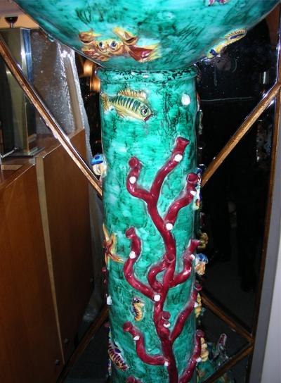 Ceramic basin and column with aquatic decor Italy 1960