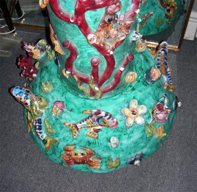 Ceramic basin and column with aquatic decor Italy 1960