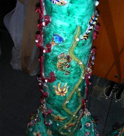 Ceramic basin and column with aquatic decor Italy 1960