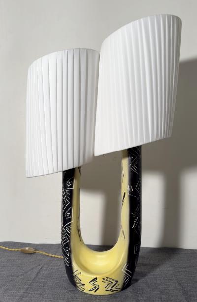 Ceramic lamp with double draped shade by F R H Ugo Vallauris circa 1955