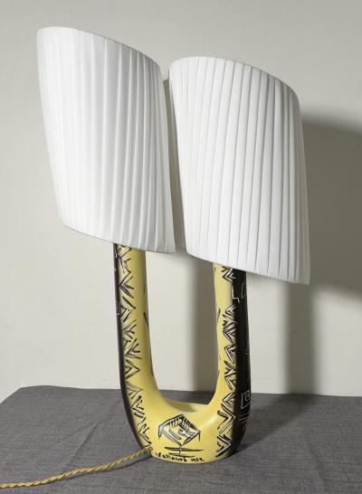 Ceramic lamp with double draped shade by F R H Ugo Vallauris circa 1955