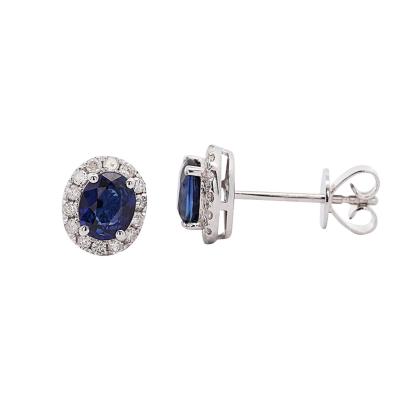 Certified 1 Carat Oval Blue Sapphire Diamond Halo Stud Earrings