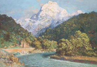 Cesare Bentivoglio Italian Oil Painting on Canvas Cesare Bentivoglio Mountain Landscape with River