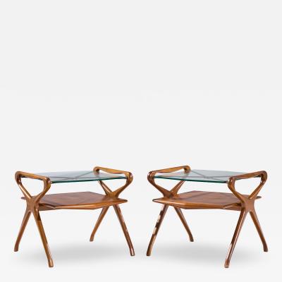 Cesare Lacca Cesare Lacca Style Mid Century Italian Walnut and Brass Side Tables Pair