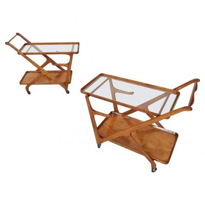 Cesare Lacca Pair of Walnut Mid Century Bar Carts by Cesare Lacca