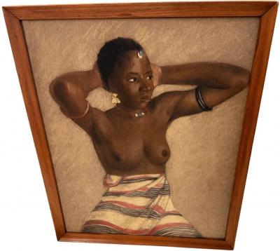 Charcoal and Watercolor Painting of an African Woman Circa 1940s to 1960s