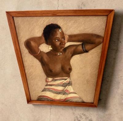 Charcoal and Watercolor Painting of an African Woman Circa 1940s to 1960s
