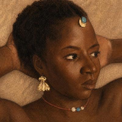 Charcoal and Watercolor Painting of an African Woman Circa 1940s to 1960s