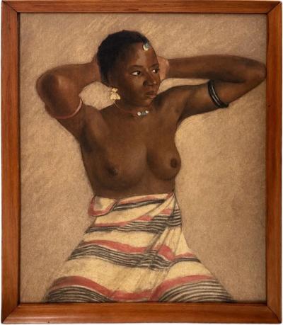 Charcoal and Watercolor Painting of an African Woman Circa 1940s to 1960s