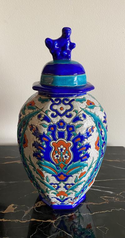 Charles Catteau Charles Catteau Boch Freres covered vase with Iznik polychrome floral decor