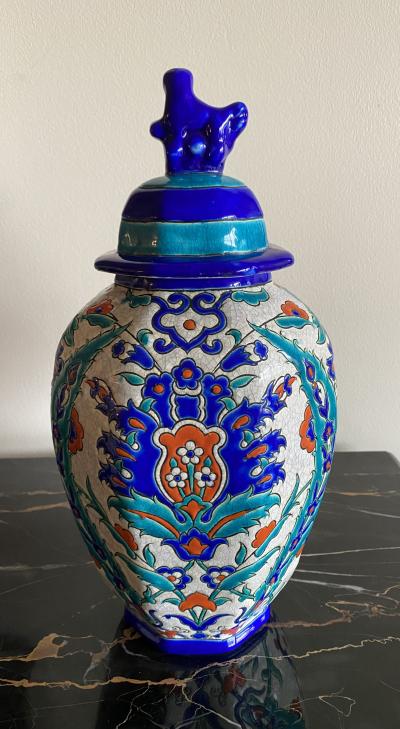 Charles Catteau Charles Catteau Boch Freres covered vase with Iznik polychrome floral decor