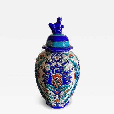 Charles Catteau Charles Catteau Boch Freres covered vase with Iznik polychrome floral decor