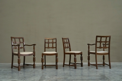 Charles Dudouyt Beautiful Set of 4 French Chairs in Solid Oak and Velvet 1940s