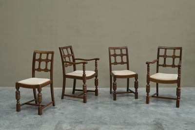 Charles Dudouyt Beautiful Set of 4 French Chairs in Solid Oak and Velvet 1940s
