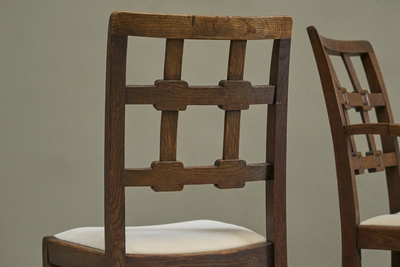 Charles Dudouyt Beautiful Set of 4 French Chairs in Solid Oak and Velvet 1940s