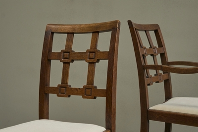 Charles Dudouyt Beautiful Set of 4 French Chairs in Solid Oak and Velvet 1940s