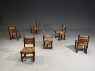 Charles Dudouyt Charles Doudouyt Six Rustic Dining Chairs Oak Rush France 1940s