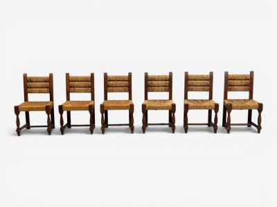 Charles Dudouyt Charles Doudouyt Six Rustic Dining Chairs Oak Rush France 1940s