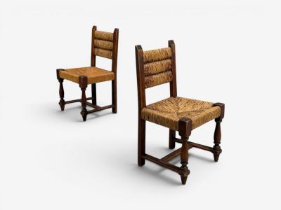 Charles Dudouyt Charles Doudouyt Six Rustic Dining Chairs Oak Rush France 1940s