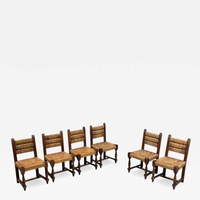 Charles Dudouyt Charles Doudouyt Six Rustic Dining Chairs Oak Rush France 1940s