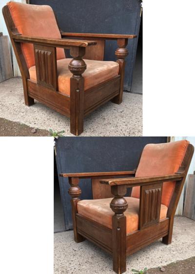 Charles Dudouyt Charles Dudouyit documented pair of rare carved oak lounge chairs