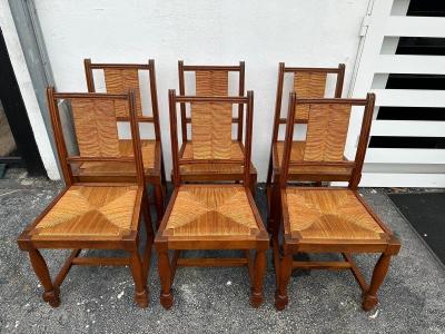 Charles Dudouyt Charles Dudouyt Set of Six 6 Rush and Walnut Dining Chairs